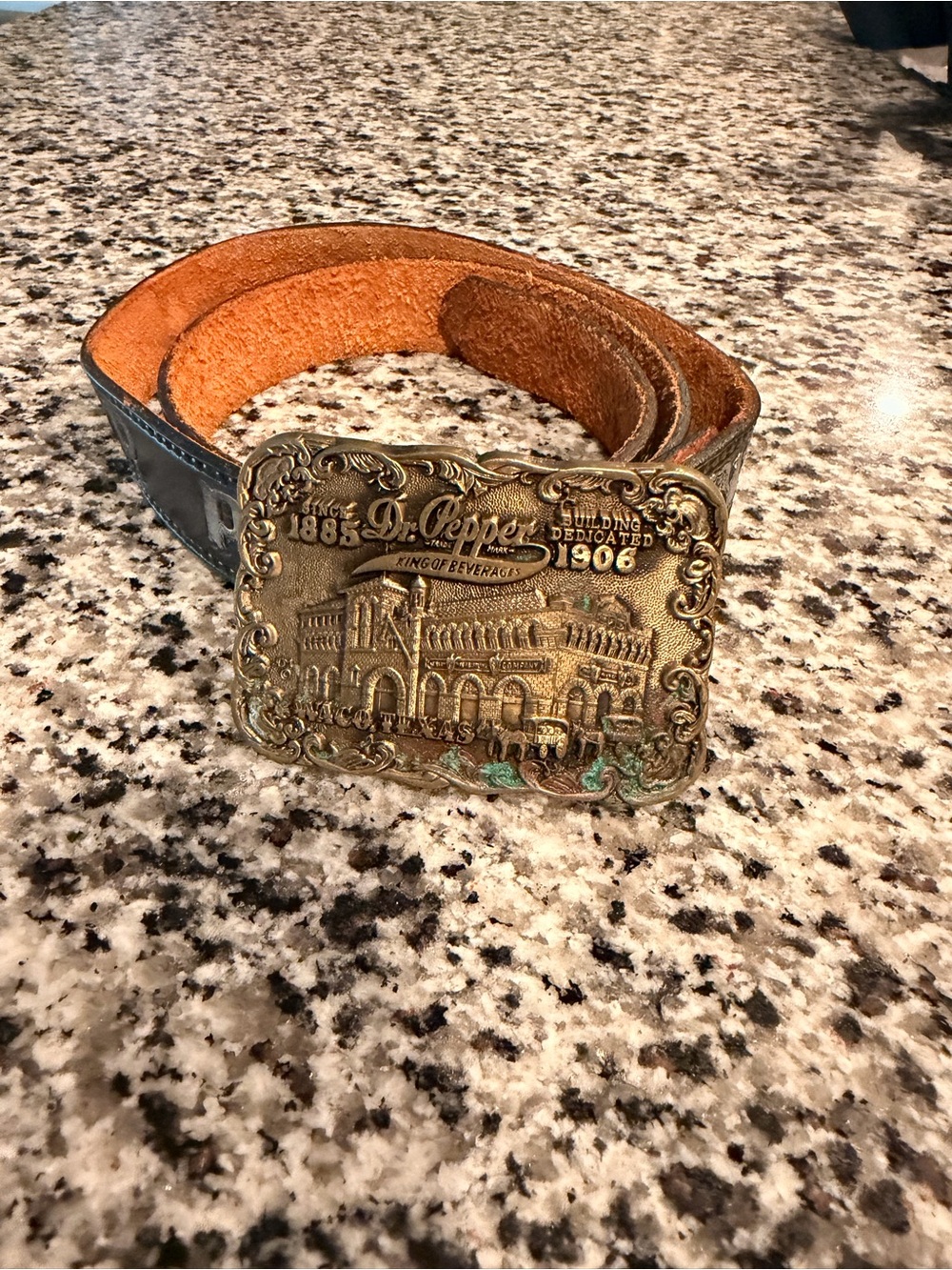 Vintage Brass Dr Pepper Buckle Leather Belt - Brown
